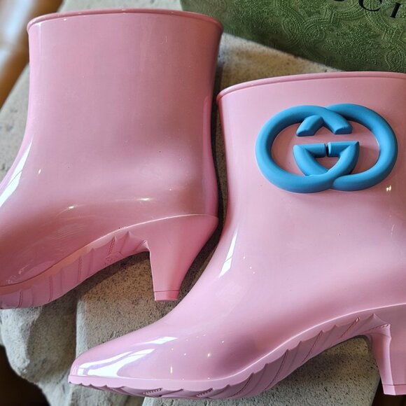 New Authentic Gucci Interlocking GG Logo Rubber Boots Pink Size 35 - Picture 4 of 8